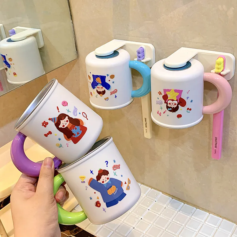 316 Stainless Steel Kids Toothbrush Holder – Wall Mounted Cute Cartoon Cup with Drip-Dry Design, Anti-Bacterial Children's Bathroom Organizer for Family Use